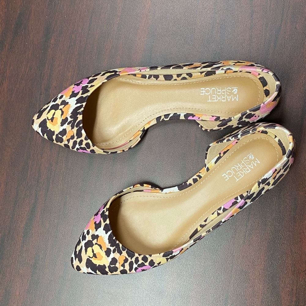 Market & Spruce Leopard Print Pointed Toe Flats in Black, Tan, Pink